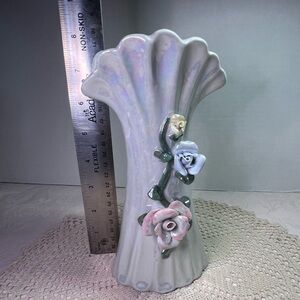 Vintage Lusterware Raised Relief Pink Roses & Stems Vase, Ceramic